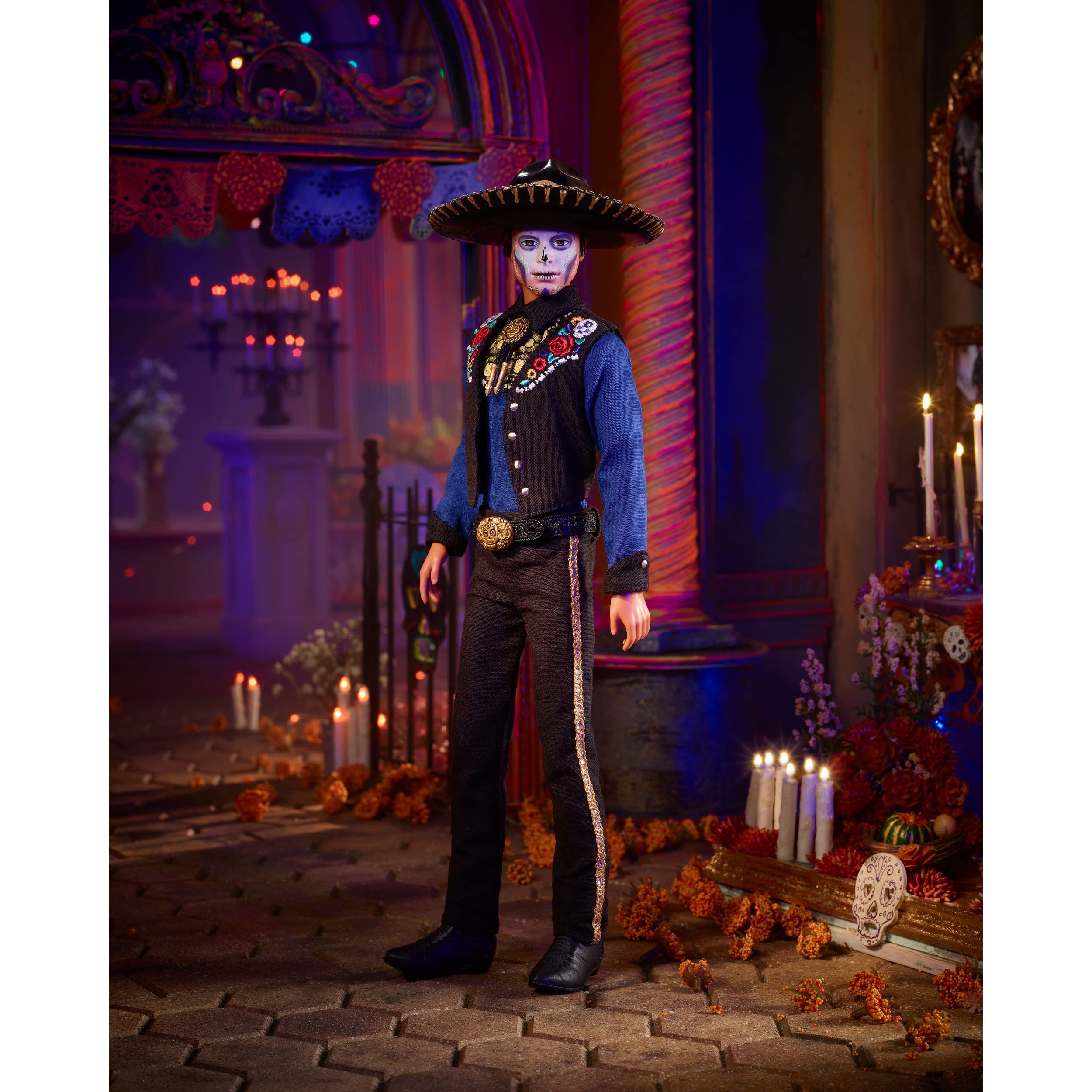 Barbie Signature Día De Muertos Ken shows skull motifs and vivid colors