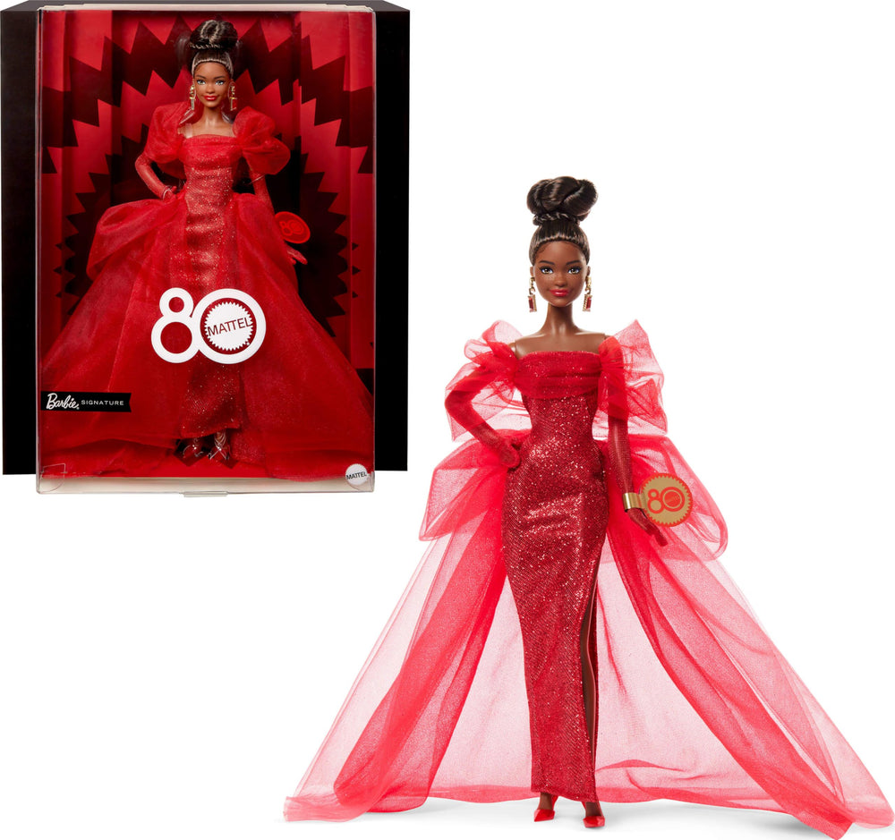 Barbie Signature Doll in glittery red gown, ideal for collectible display.