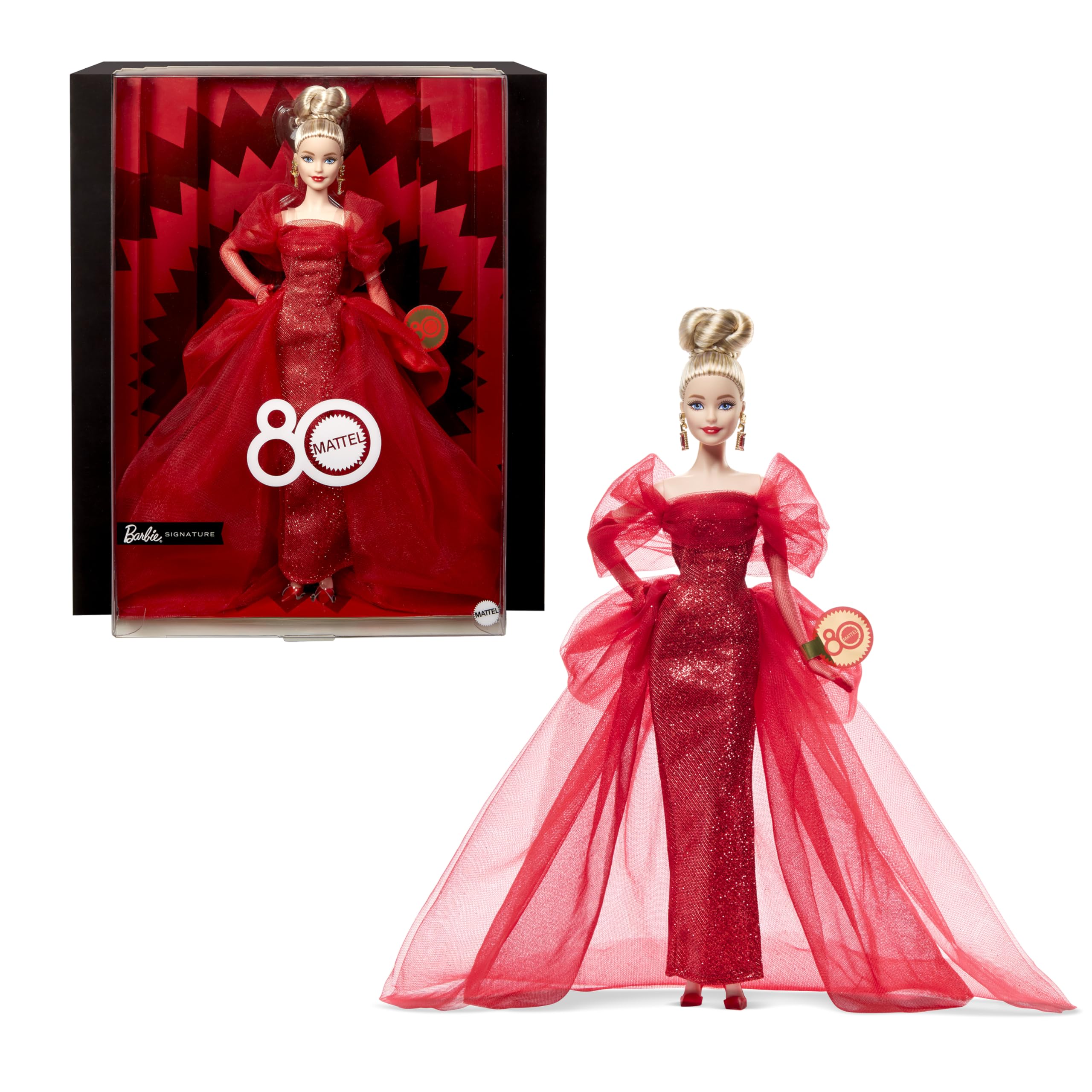 Barbie Signature doll in glittery red gown ideal for collectors and display.