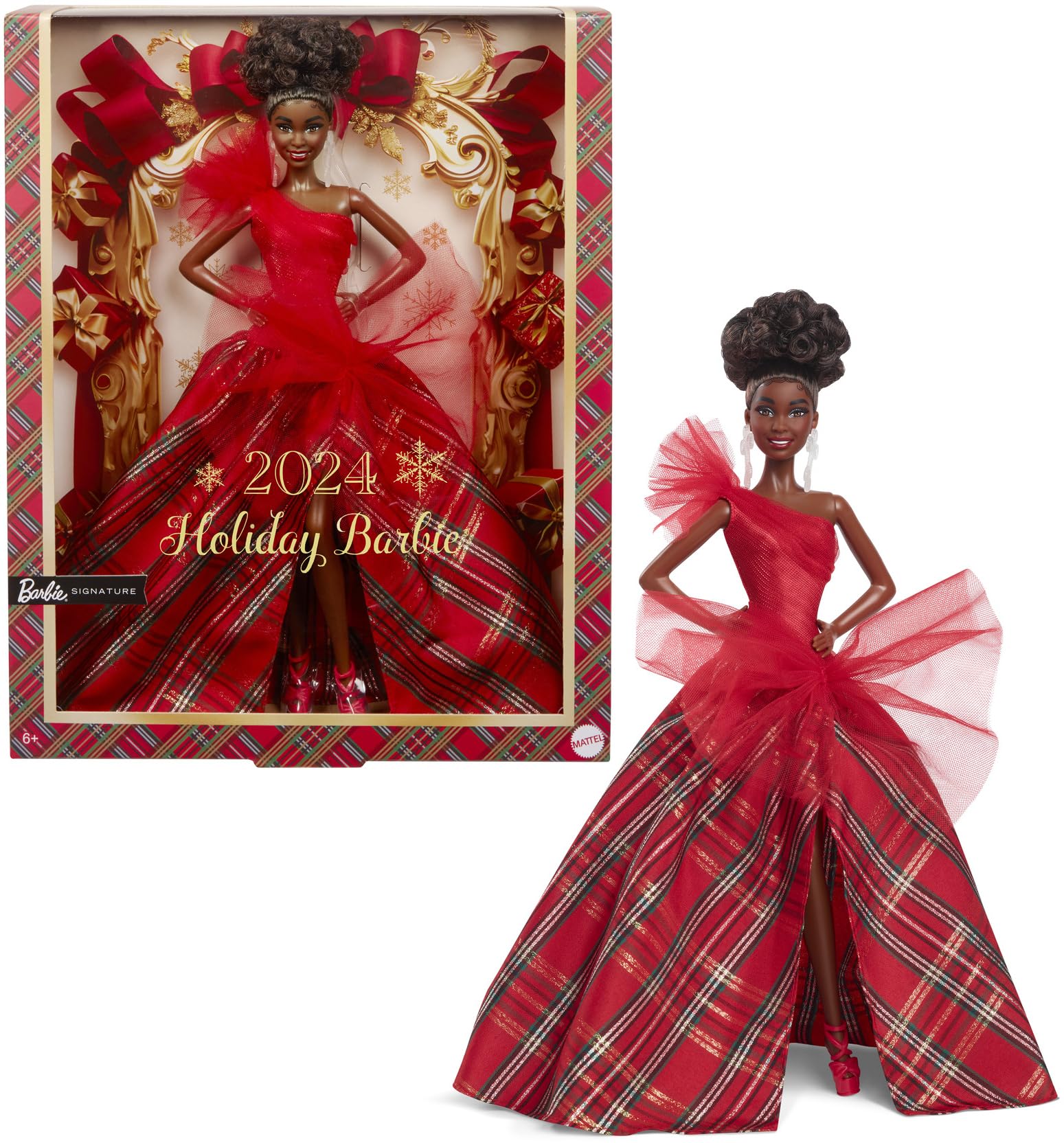 Barbie Signature doll with one-shoulder red bodice, ideal for festive display