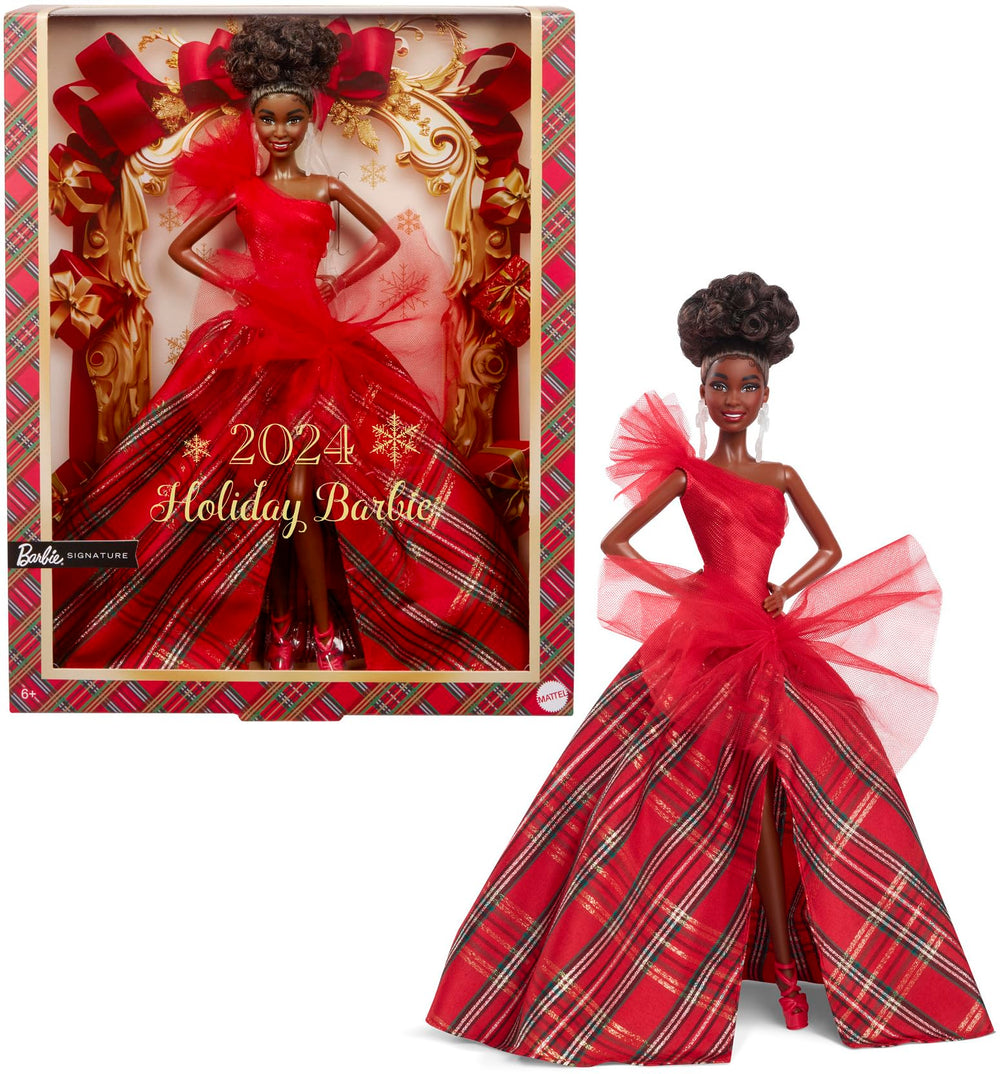 Barbie Signature doll with one-shoulder red bodice, ideal for festive display