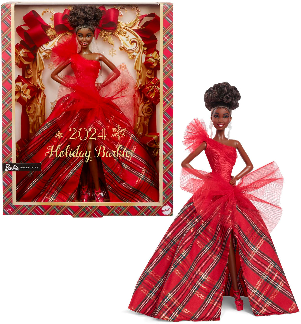 Barbie Signature doll with one-shoulder red bodice, ideal for festive display