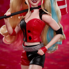 Barbie Harley Quinn with pink and blue pigtails adds vibrant styling detail