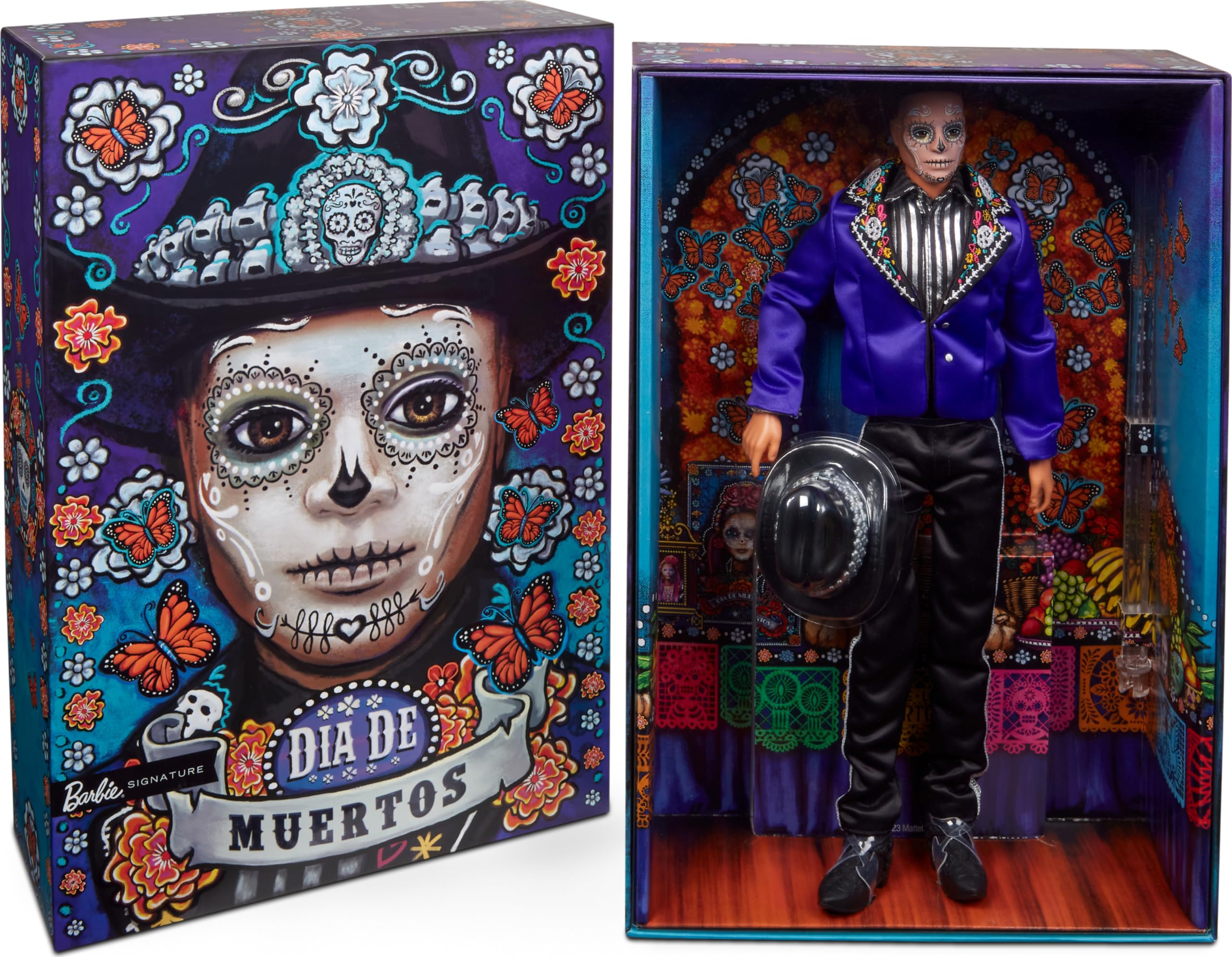 Barbie Signature Ken 2023 Dia de Muertos in blue jacket, ideal for display collections.