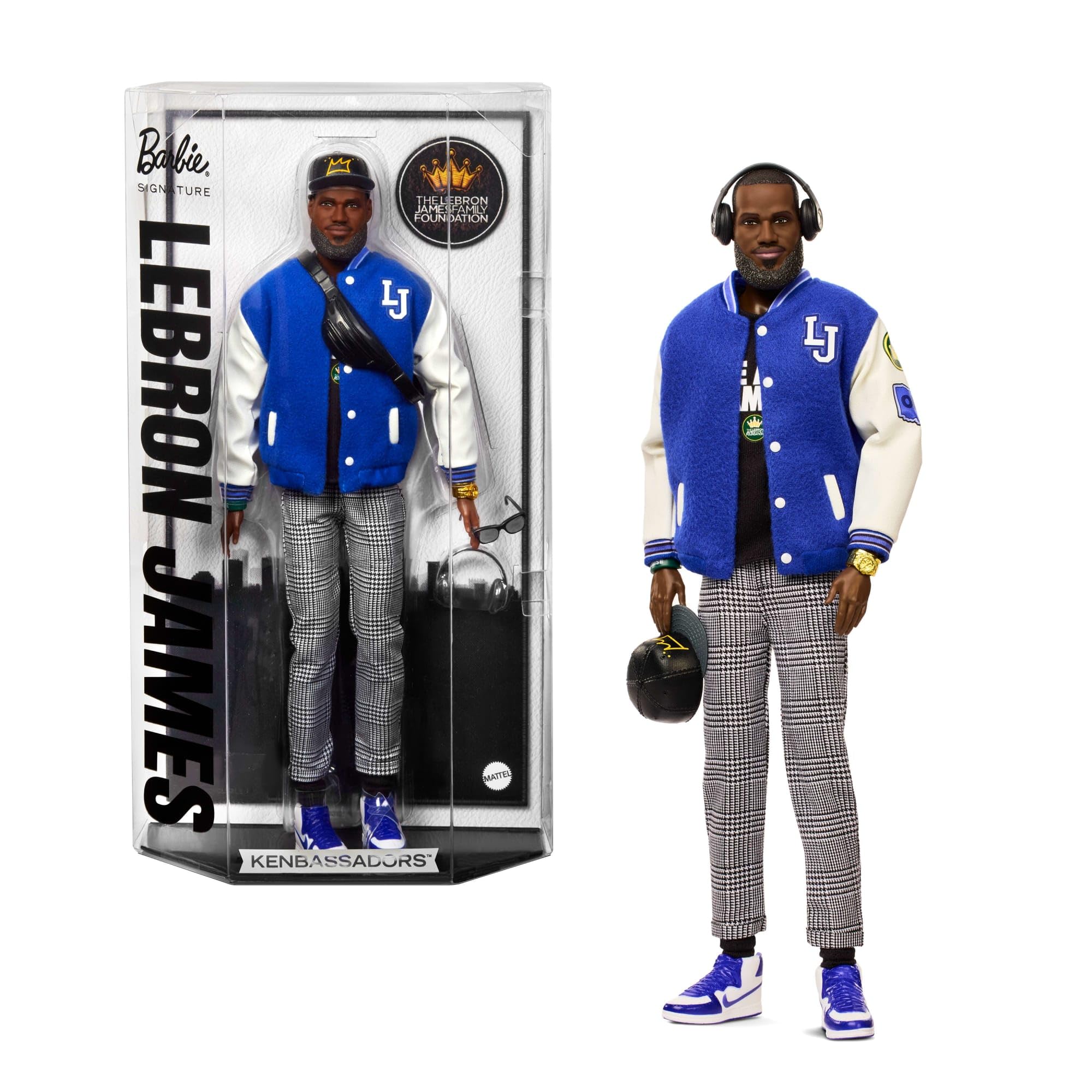 Barbie Signature Kenbassadors LeBron James doll in bomber jacket for display and collectibility