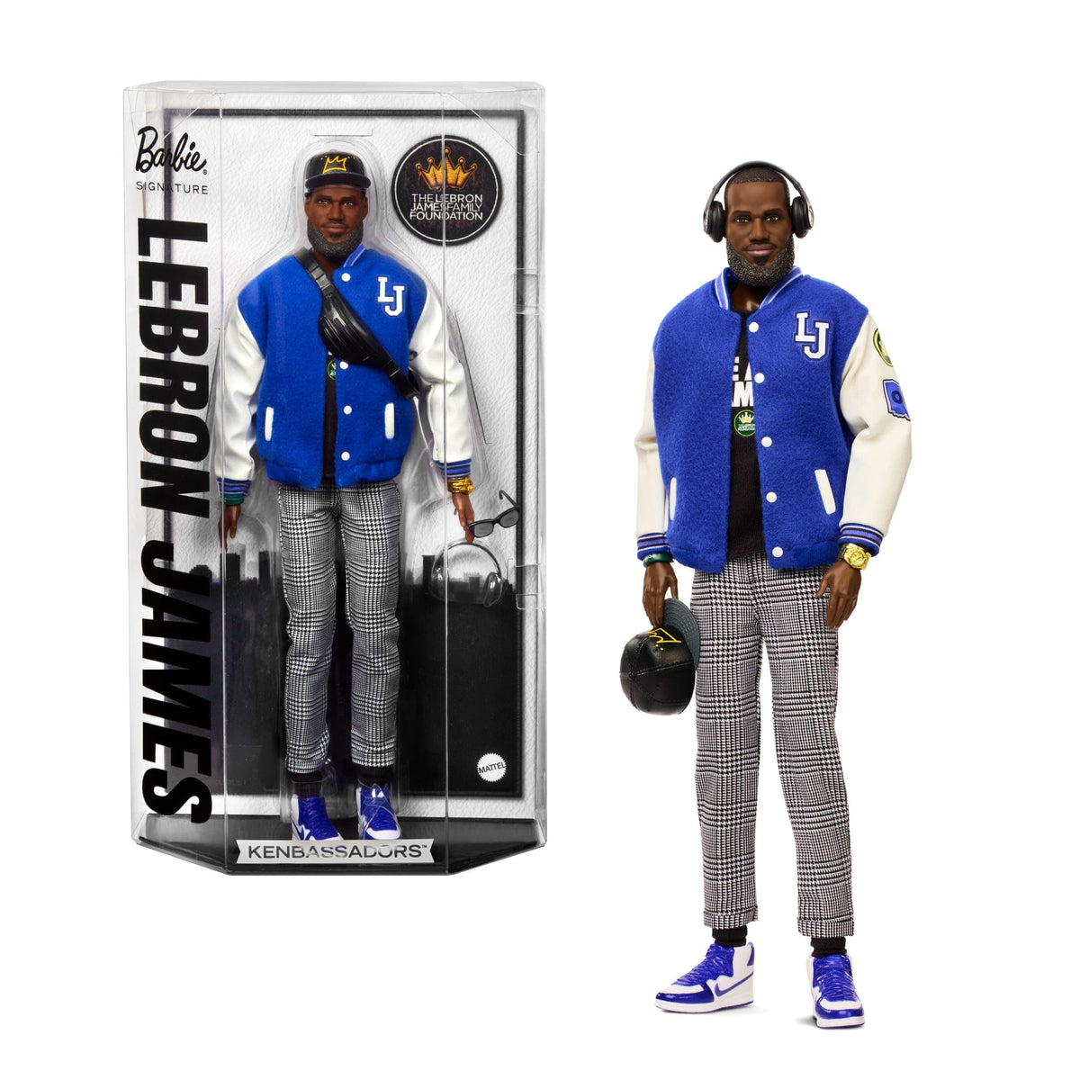 Barbie Signature Kenbassadors LeBron James doll in bomber jacket for display and collectibility