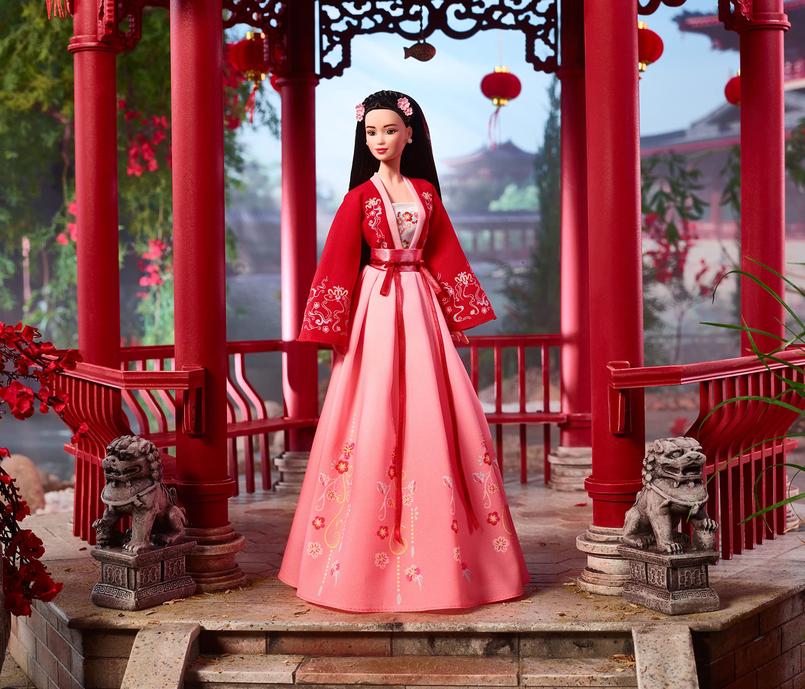 Barbie Signature Lunar New Year Doll with braided crown hair and pearl earrings, perfect for elegant collection styling.