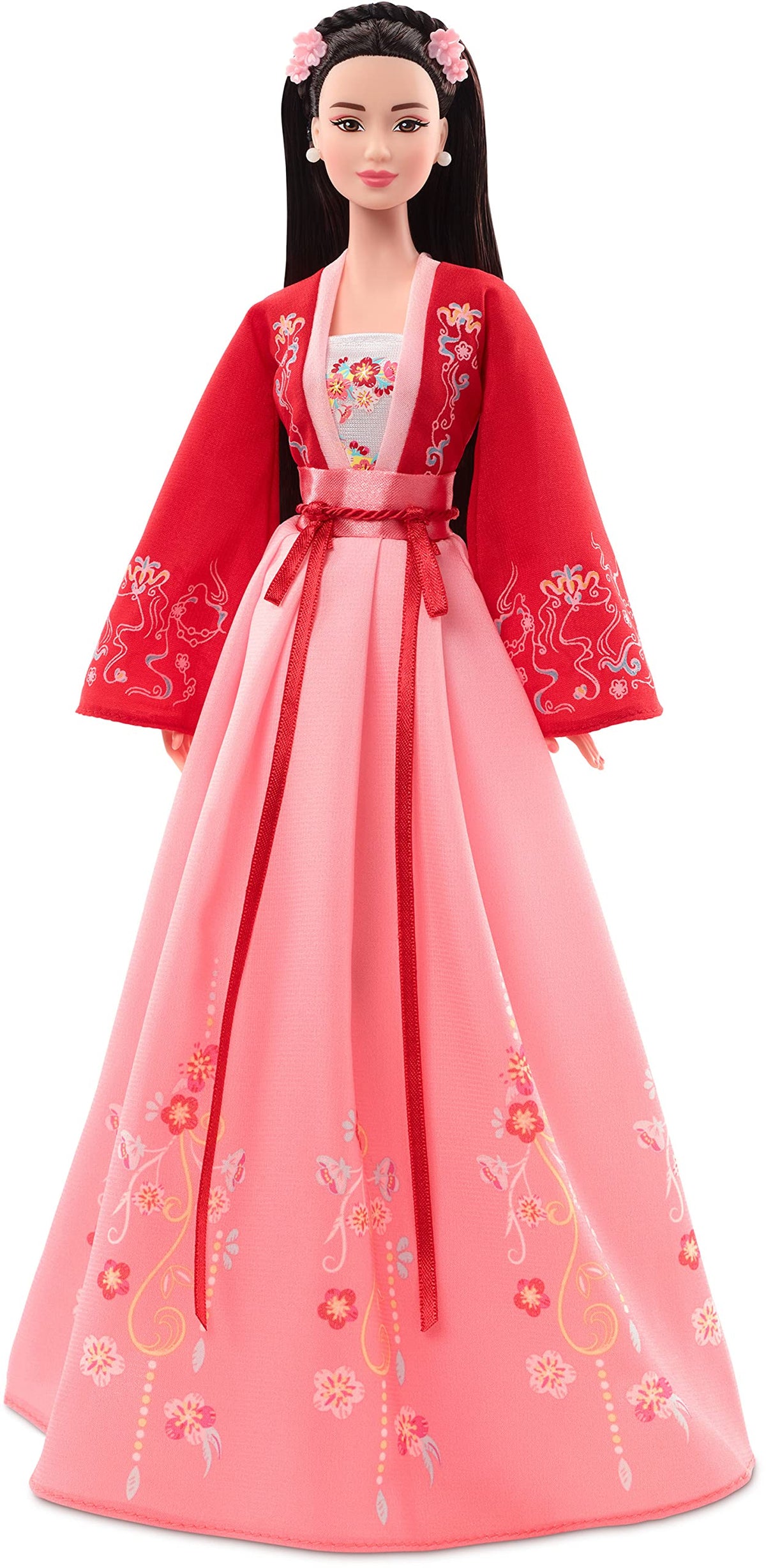 Barbie Signature Lunar New Year Doll in hanfu red blouse and plum blossom skirt, ideal for festive display.