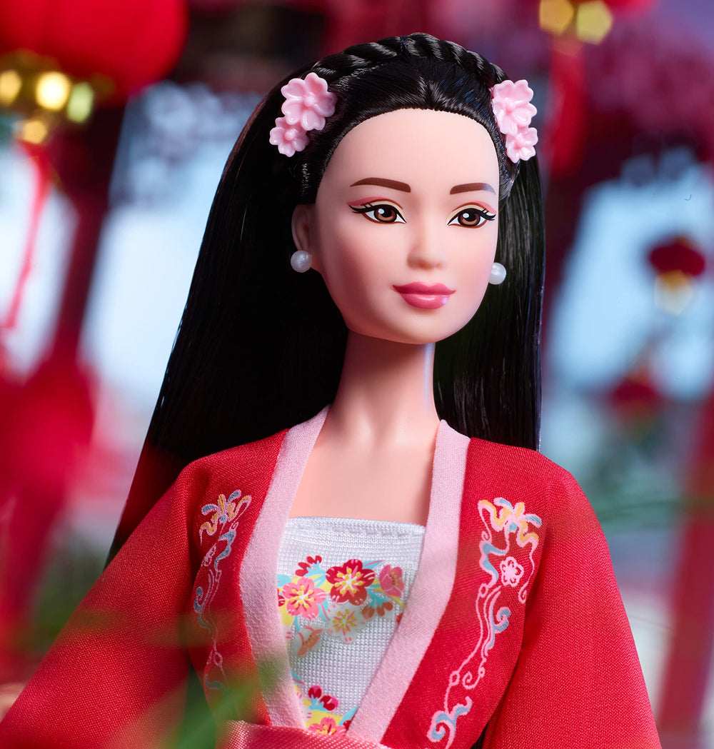 Barbie Signature Lunar New Year Doll showcases plum blossom accessories and pink skirt for renewal-inspired decor.