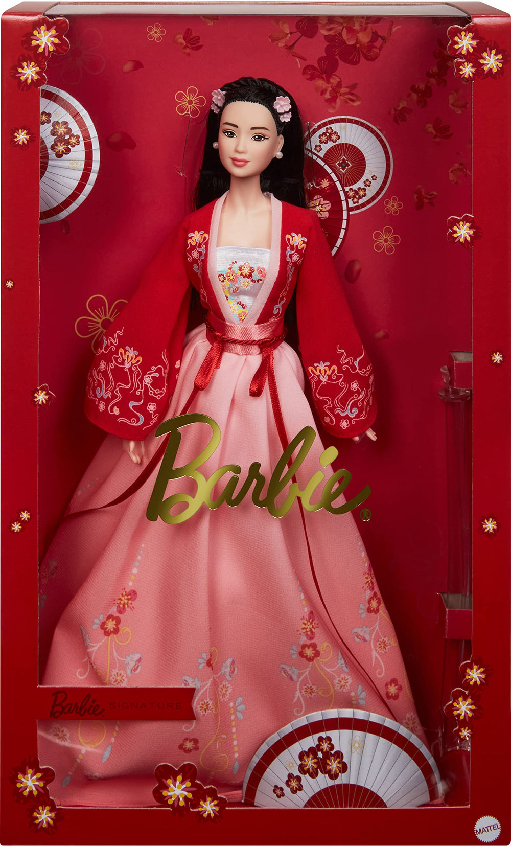 Barbie Lunar New Year packaging highlights festive red accents, enhancing shelf appeal and gift presentation.