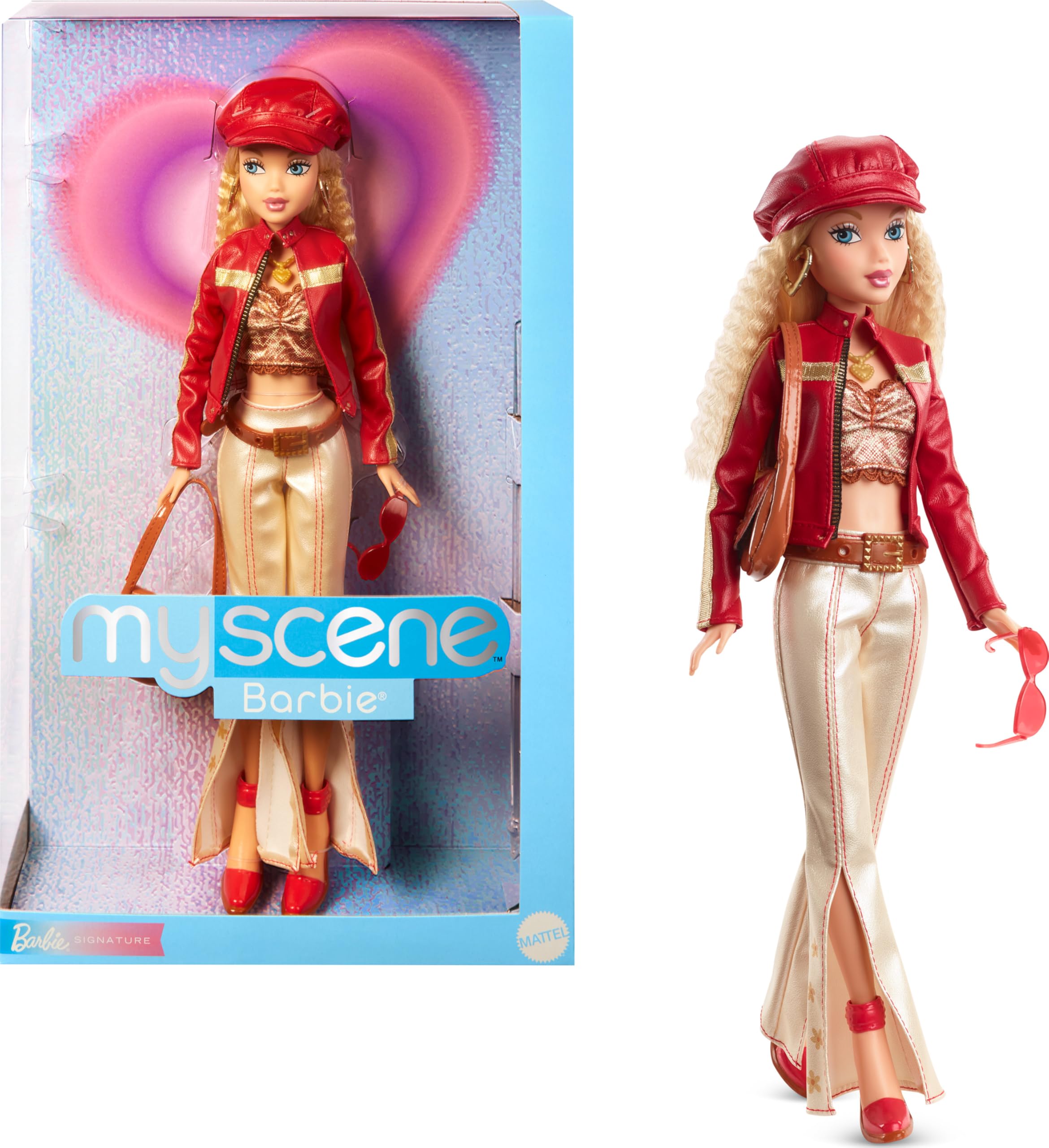 Barbie Signature My Scene doll in pleather jacket showcases bold Y2K style for display or storytelling.