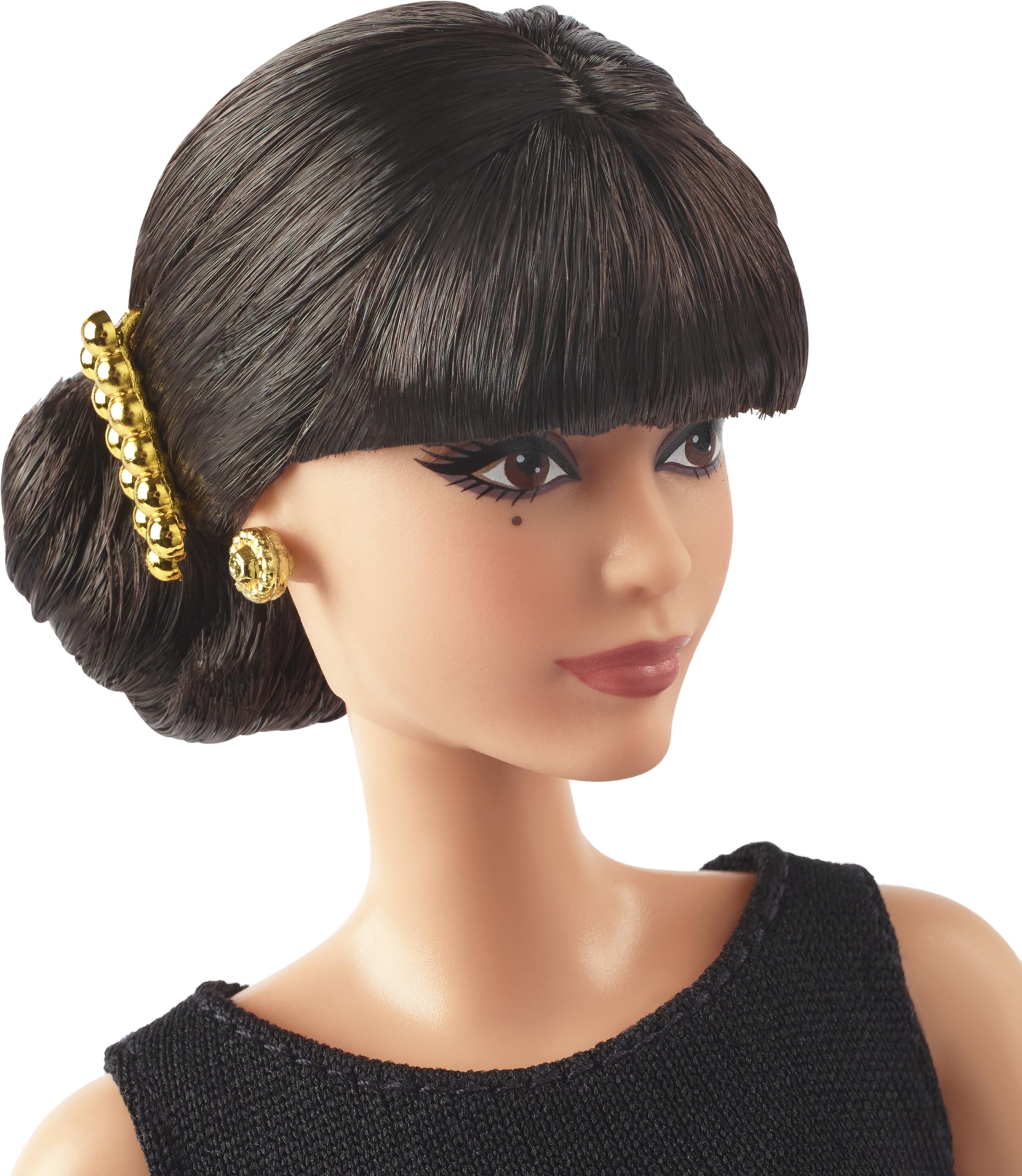 Barbie Rita Moreno doll black gold gown detail for collector display.