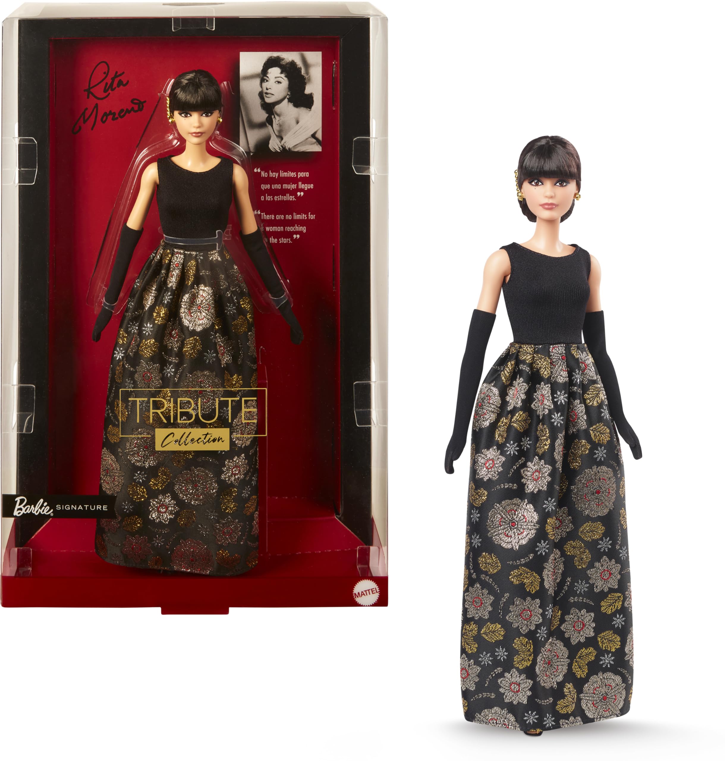 Barbie Rita Moreno doll front view in black and gold gown for elegant display.