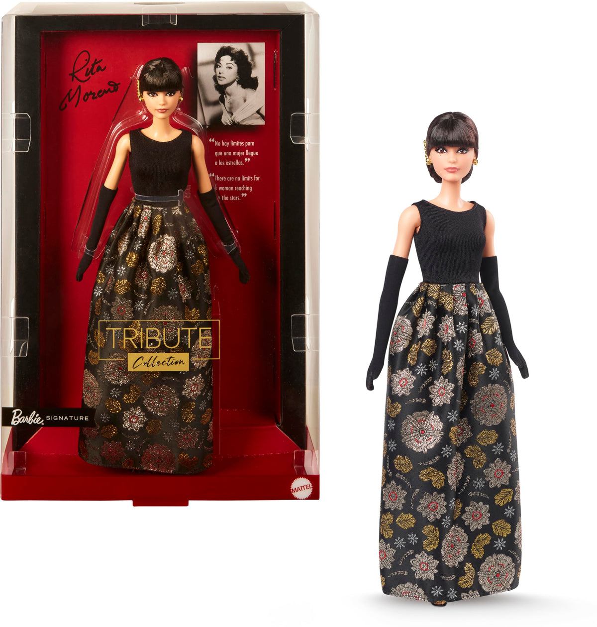 Barbie Rita Moreno doll front view in black and gold gown for elegant display.