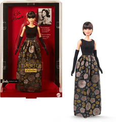 Barbie Rita Moreno doll front view in black and gold gown for elegant display.