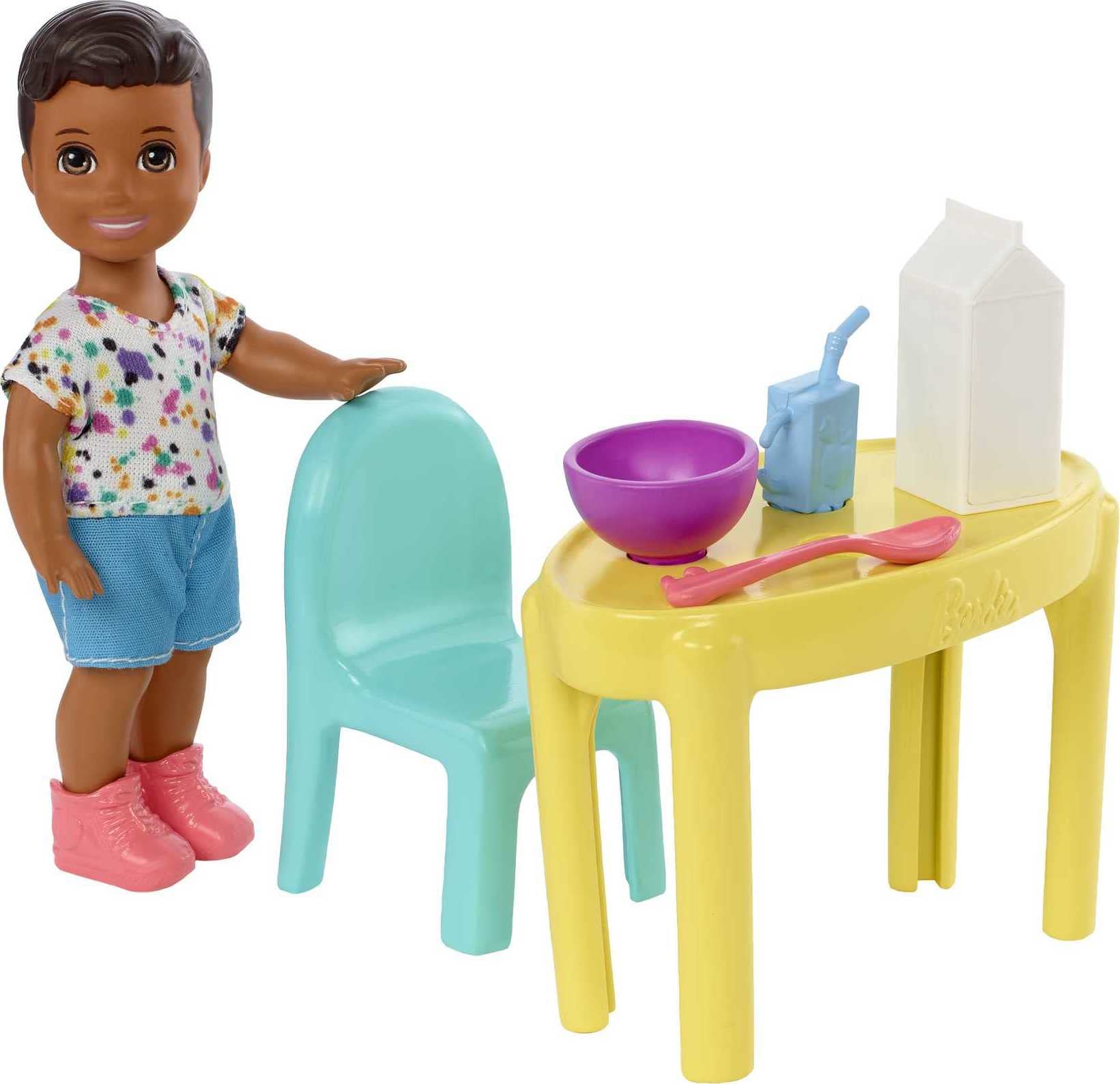 Barbie Skipper Babysitters Inc small doll beside table for mealtime storytelling.
