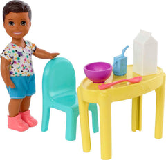 Barbie Skipper Babysitters Inc small doll beside table for mealtime storytelling.