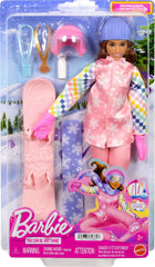 Barbie Careers Snowboarder doll accessories collection enhances pretend on-slope storytelling.