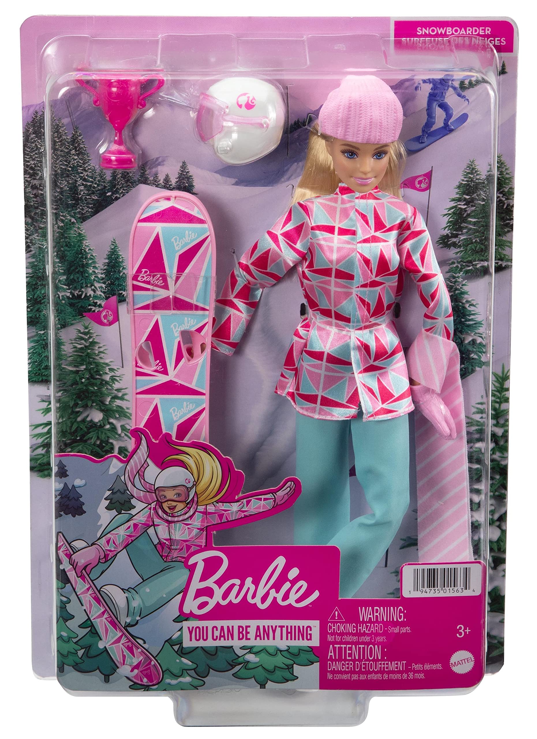 Barbie snowboarder doll ready for play pose inspires winter scenes.