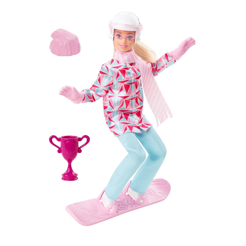 Barbie snowboarder doll wearing jacket and pants for cozy winter play.