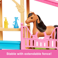 Barbie Stable Playset: feeding station supports pretend mealtime roles.