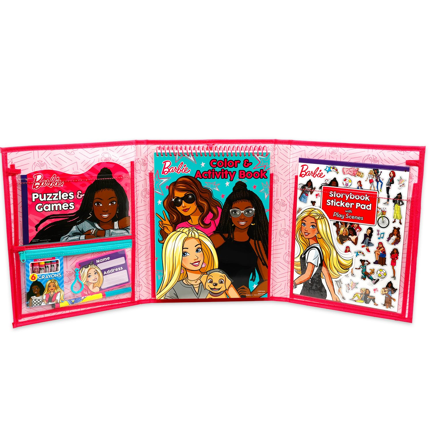 Sticker pad, puzzles, and storybook promote focused, playful activity