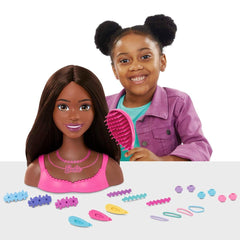 Barbie Styling Head featuring classic barrettes for diverse updo options.