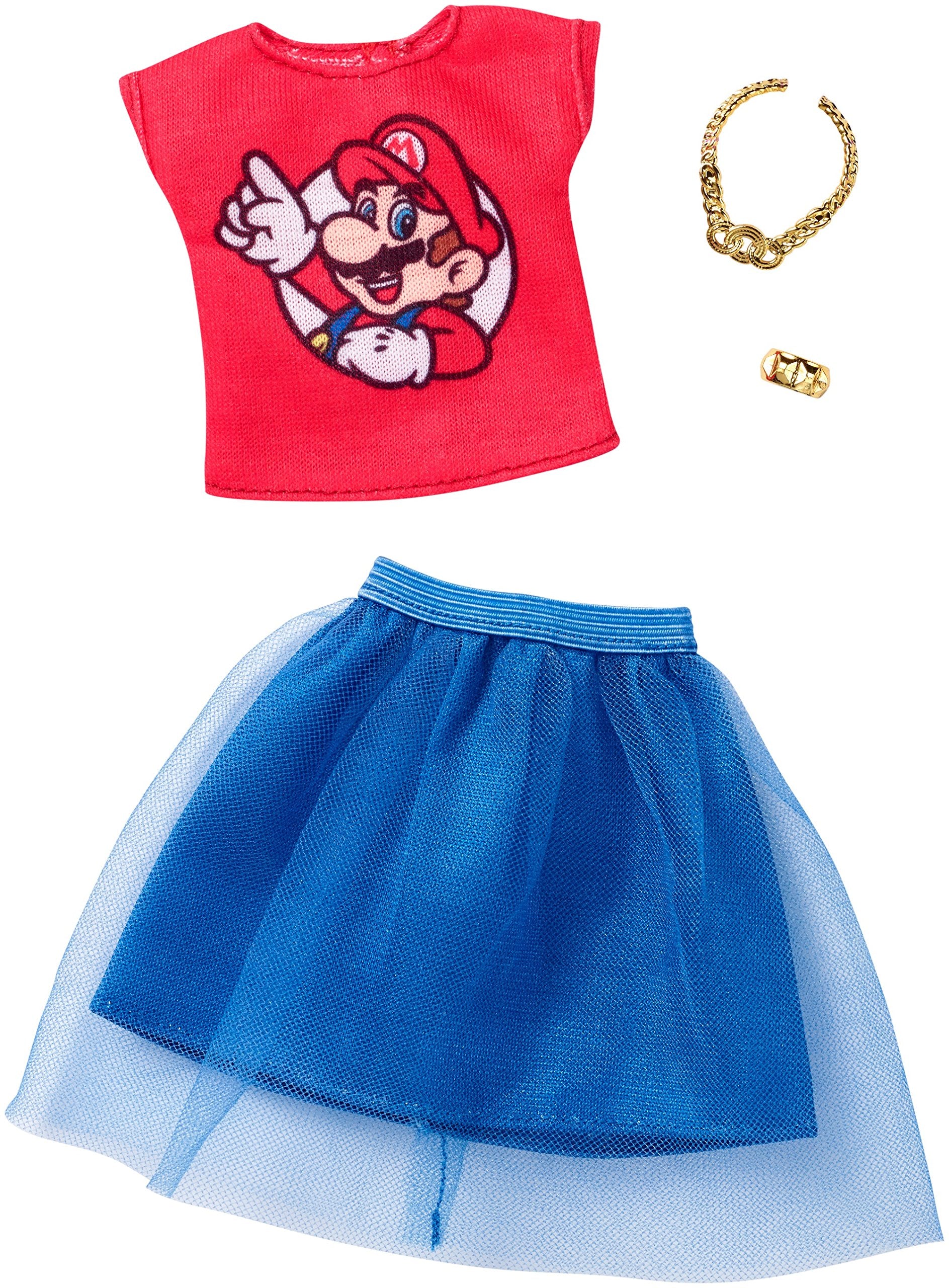 Barbie Super Mario fashion outfit highlighting red top and blue skirt for versatile styling.