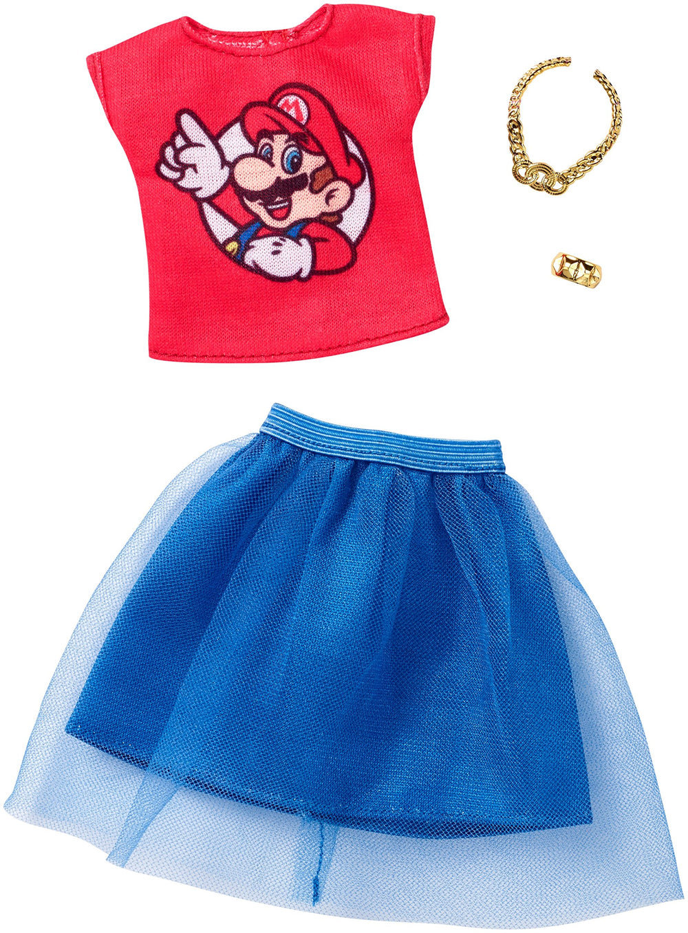 Barbie Super Mario fashion outfit highlighting red top and blue skirt for versatile styling.