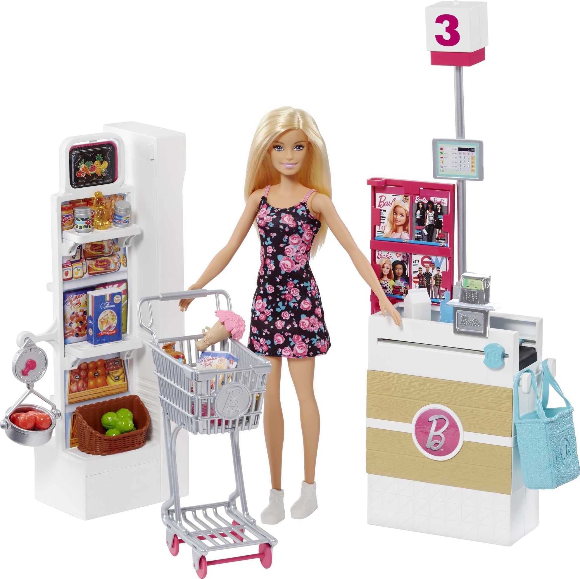 Barbie supermarket cart rolls smoothly for believable shopping fun.