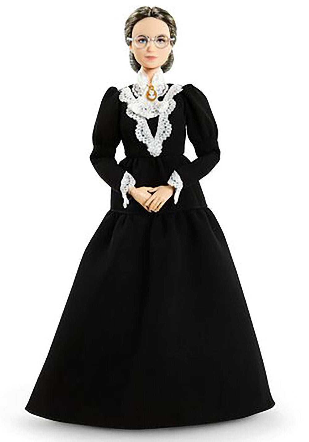 Barbie Susan B. Anthony doll in dress and cameo brooch, ideal for elegant display and educational moments.