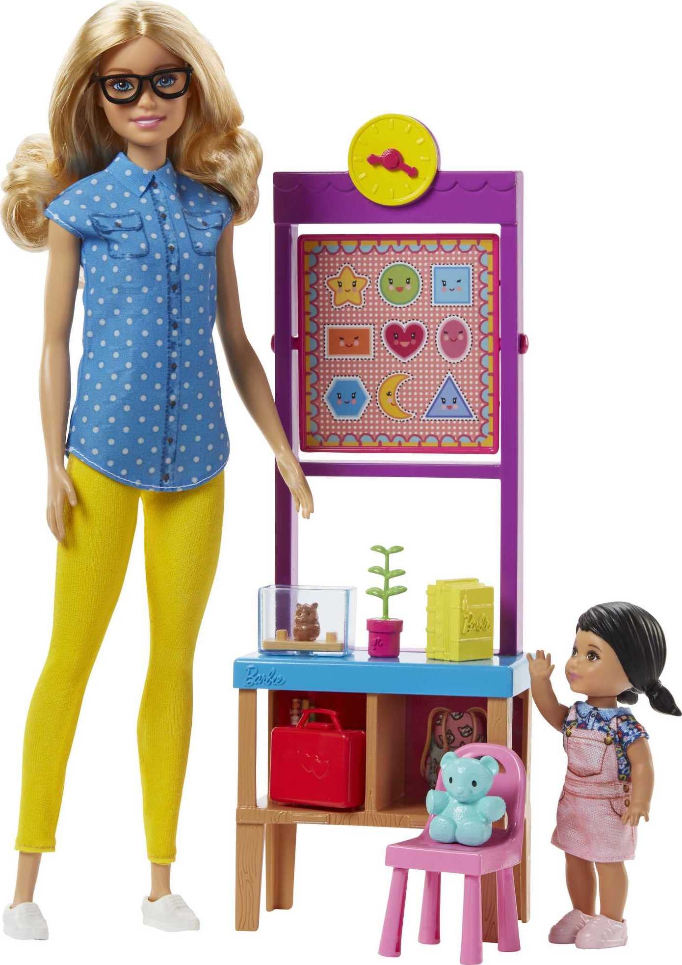 Barbie teacher doll beside classroom desk for organized play and role-play