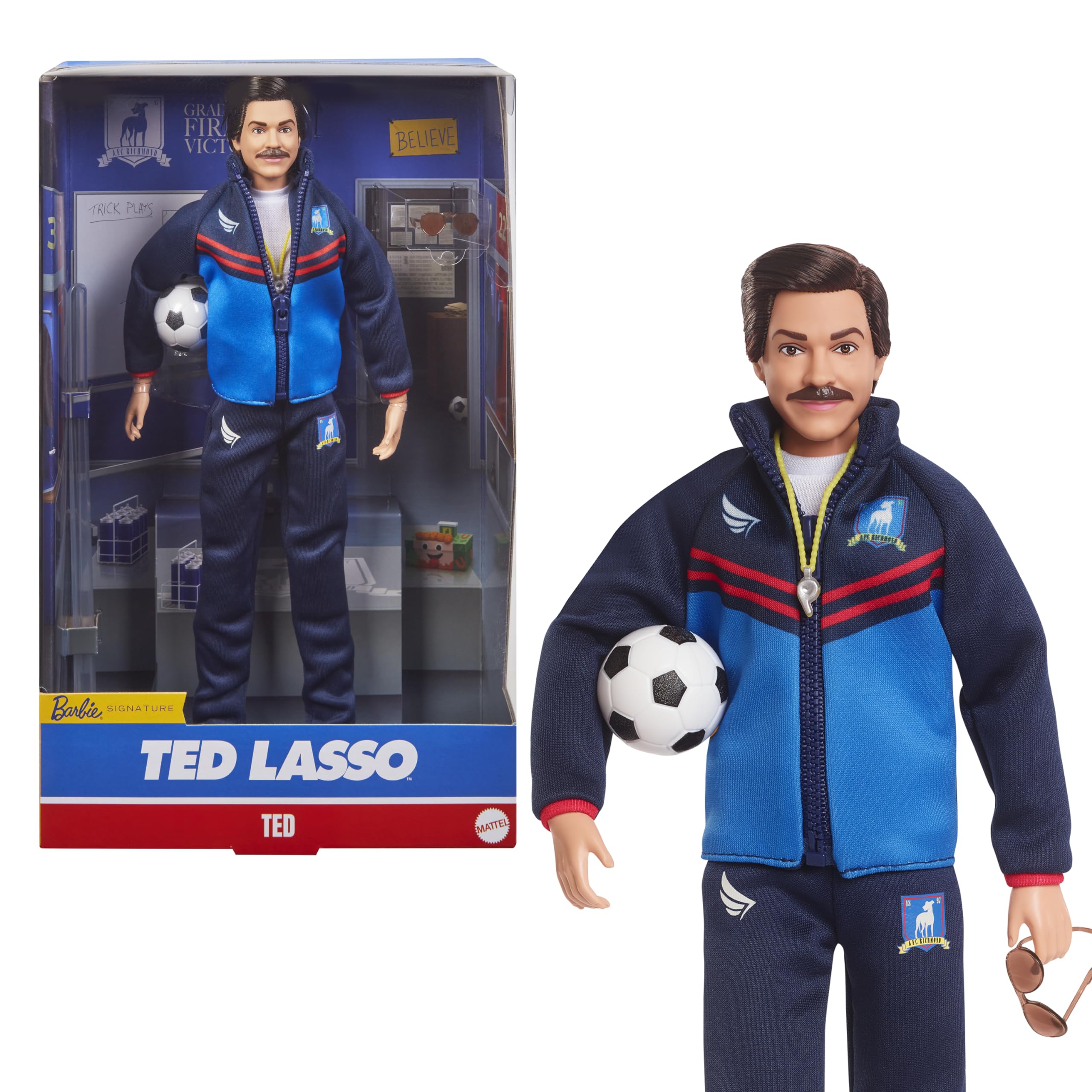 Barbie Ted Lasso doll in blue tracksuit with AFC Richmond logo for display