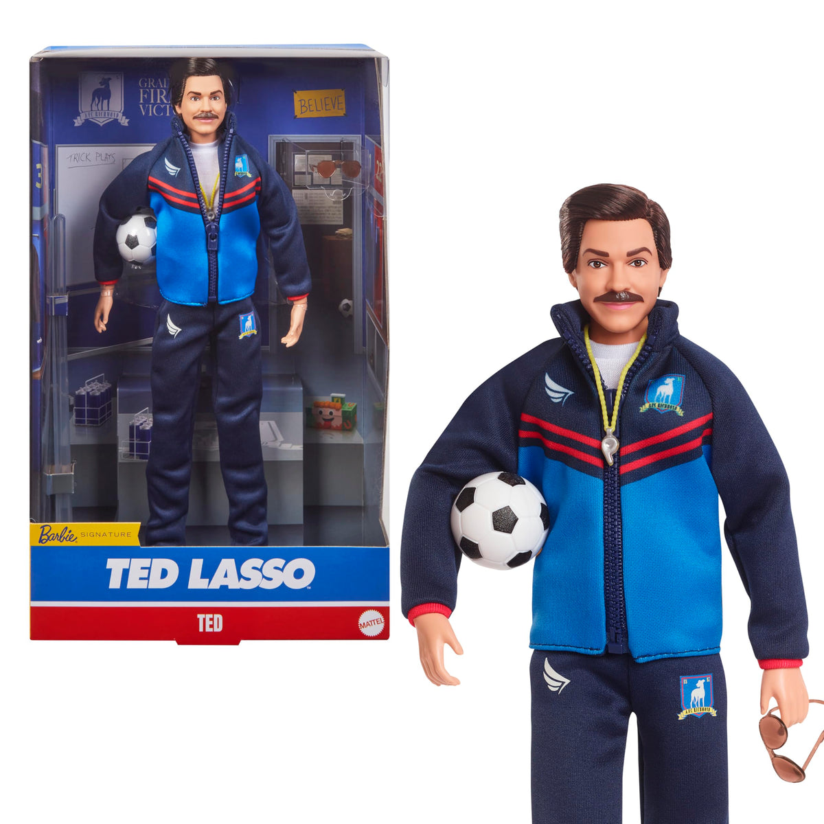Barbie Ted Lasso doll in blue tracksuit with AFC Richmond logo for display