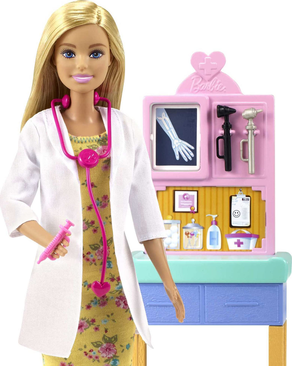 Barbie teddy bear companion for comfort during pretend exams.