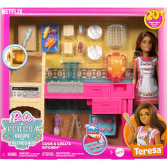 Barbie Teresa chicken and rotisserie oven spin for dynamic pretend cooking.