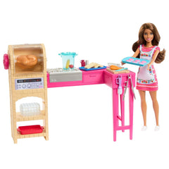 Barbie Teresa Recipe for Friendship doll beside spinning rotisserie oven for imaginative play.