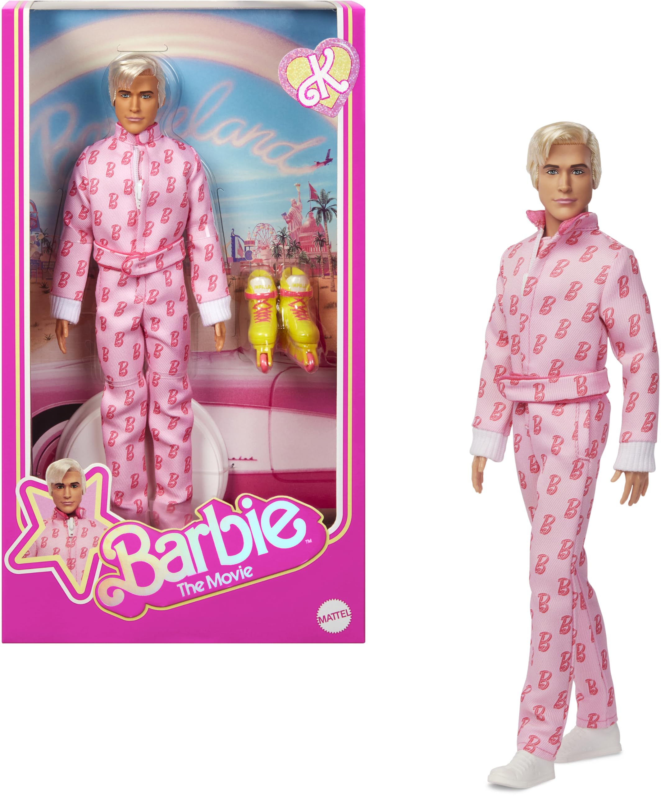 Barbie The Movie Ken collectible doll in pink jumpsuit with B detail, ideal for display and collection.