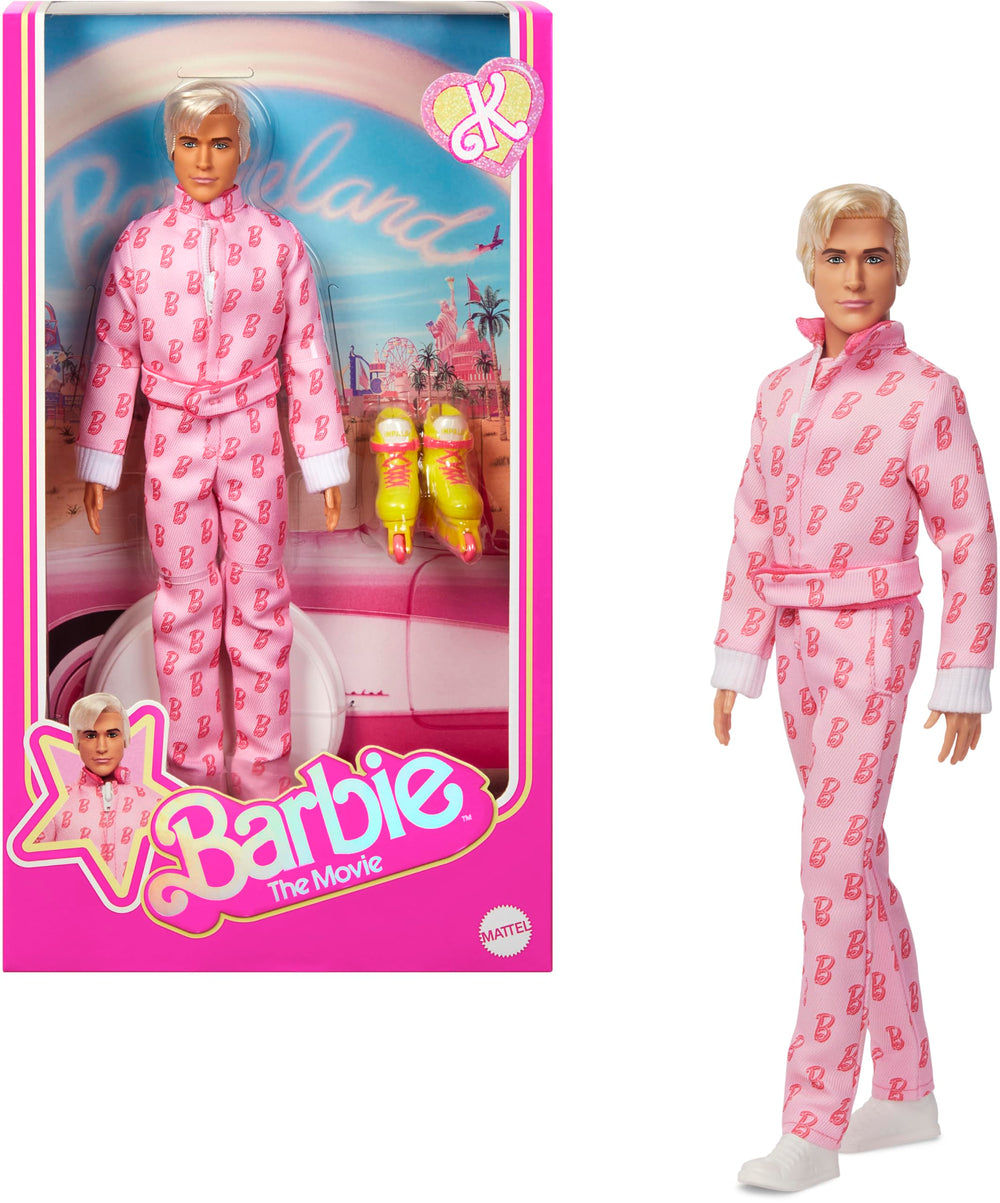 Barbie The Movie Ken collectible doll in pink jumpsuit with B detail, ideal for display and collection.