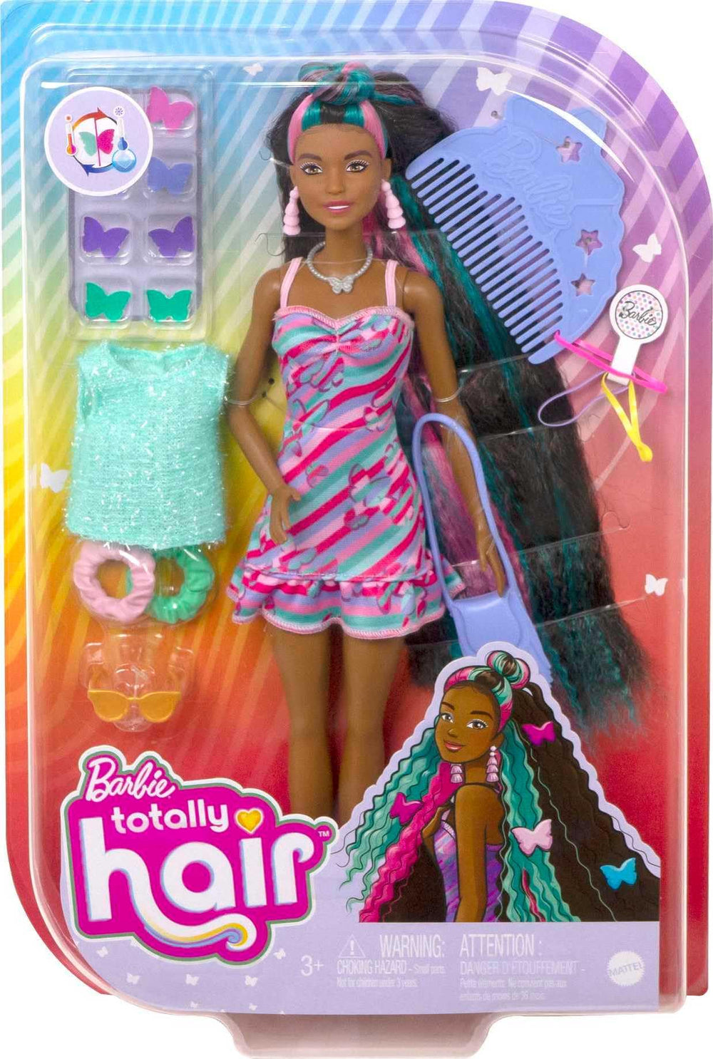 Barbie Totally Hair butterfly-print dress supports imaginative fashion play