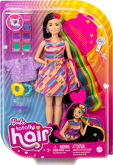 Barbie Totally Hair doll heart-print dress highlights playful style.