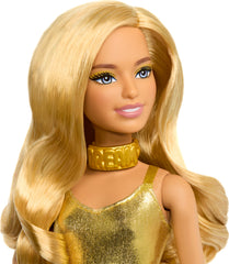 Barbie's transparent boots and golden collar necklace add bold fashion details.
