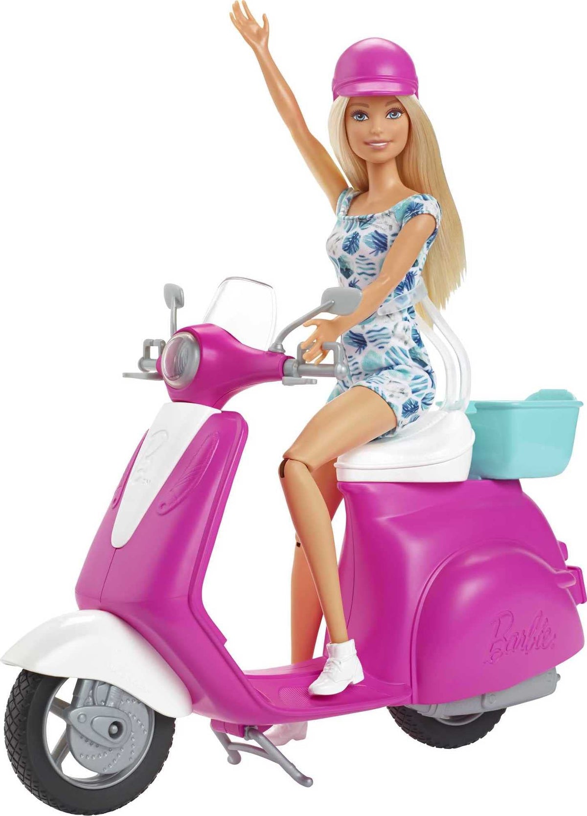 Barbie Toys multicolor scooter front view showing sturdy wheels for imaginative play