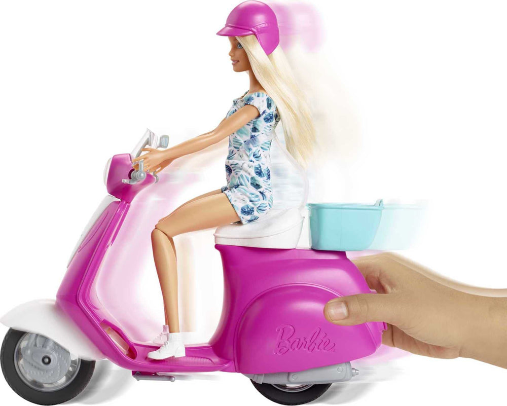 Barbie Toys multicolor scooter side view highlighting pink design and kickstand