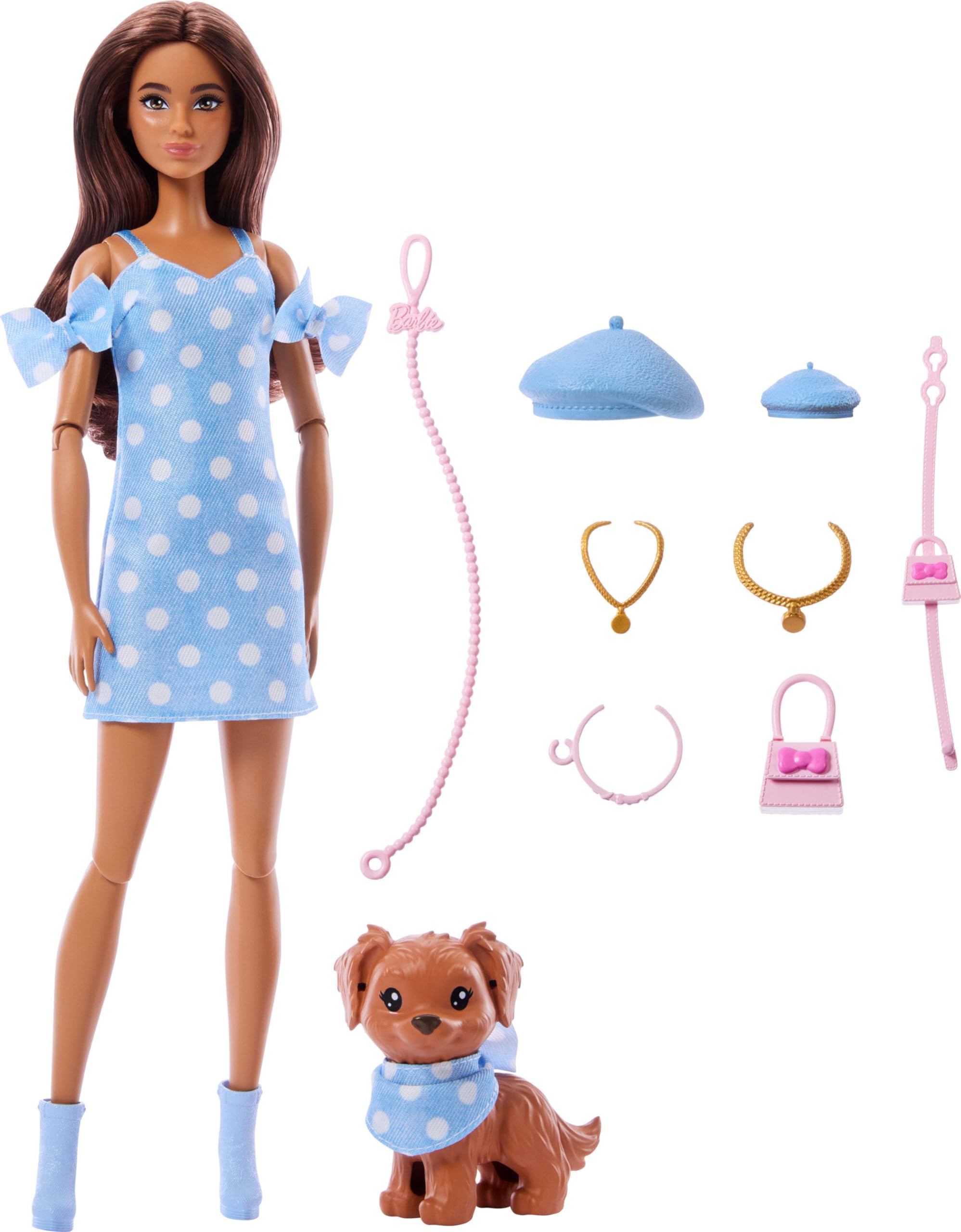 Barbie Twinning Looks doll and dog in matching blue polka dots for imaginative play.