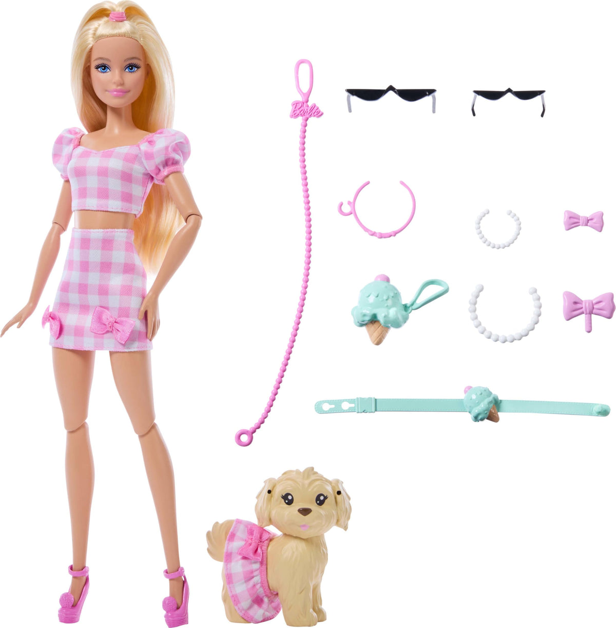 Barbie Twinning Looks doll and pet dog in matching pink gingham outfit for coordinated playtime