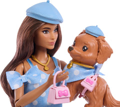 Barbie's pastel blue booties enhance coordinating style with the puppy's pink accents.