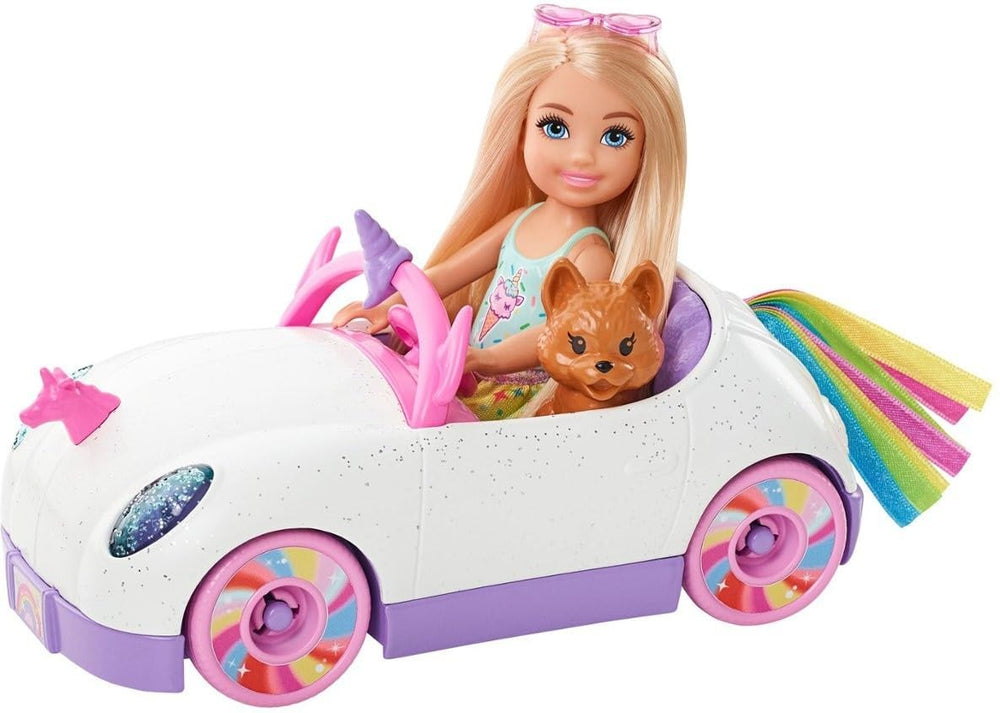 Barbie unicorn hood ornament adds magical detail to the car.
