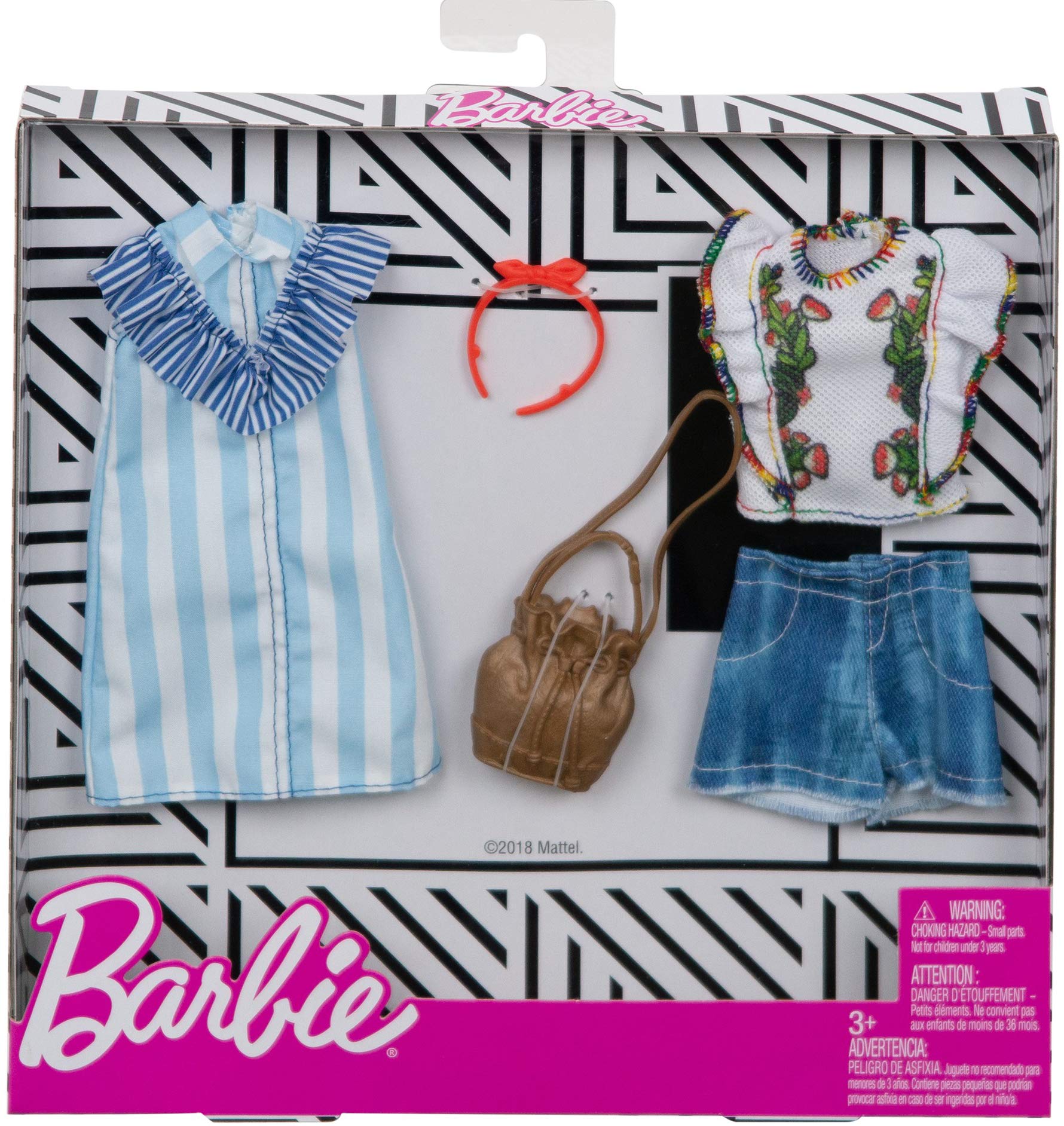 Barbie white floral top with denim shorts, enabling easy mix-and-match fashion play