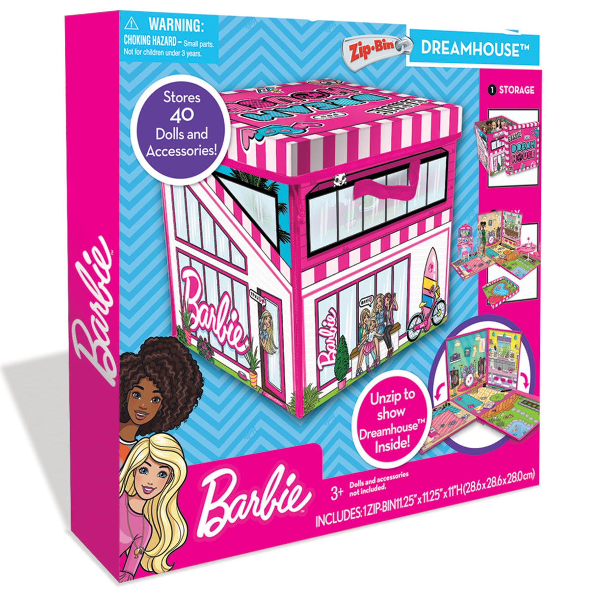 Barbie ZipBin 40 dream house toy box keeps dolls organized and ready for play.